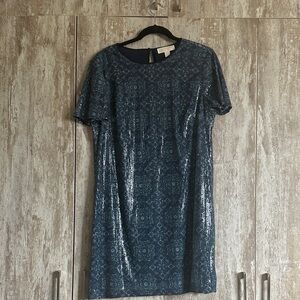 Michael Kors Teal Sequin Short Sleeve Shift Dress